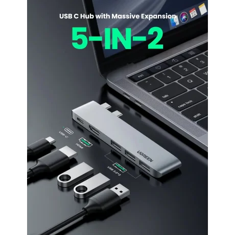 Docking station Ugreen CM251 conectare Macbook Pro / Macbook Air 2 x USB Type-c USB 3.0 x 3 gri