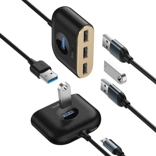Hub Extern Baseus Square USB 3.0 x 1 + USB 2.0 x 3 conectare prin USB 3.0 lungime 1m Negru