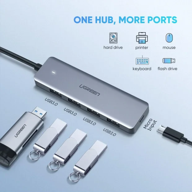 Hub extern Ugreen CM219 USB 3.0 x 4 conectare prin USB Type-C 15cm gri