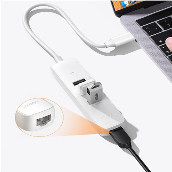 Hub extern Ugreen CM416 USB 3.0 x 3 conectare prin USB Type-C 1 x RJ-45 alb thumb