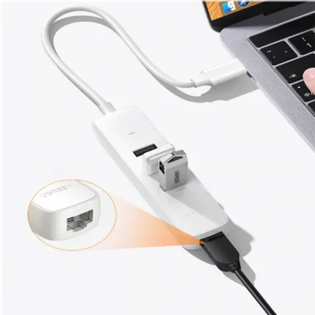 Hub extern Ugreen CM416 USB 3.0 x 3 conectare prin USB Type-C 1 x RJ-45 alb