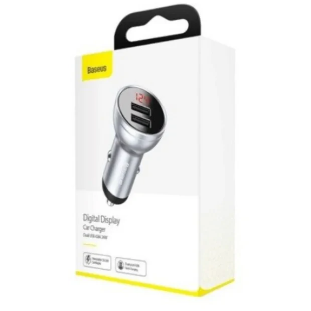 Incarcator Auto Baseus Digital Display 2 x USB total output 24W afisaj digital Argintiu
