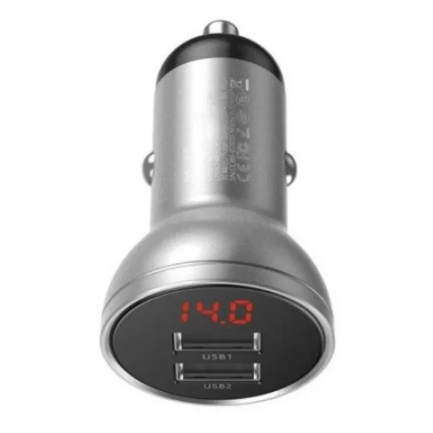Incarcator Auto Baseus Digital Display 2 x USB total output 24W afisaj digital Argintiu