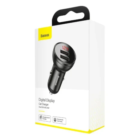 Incarcator Auto Baseus Digital Display 2 x USB total output 24W afisaj digital Gri