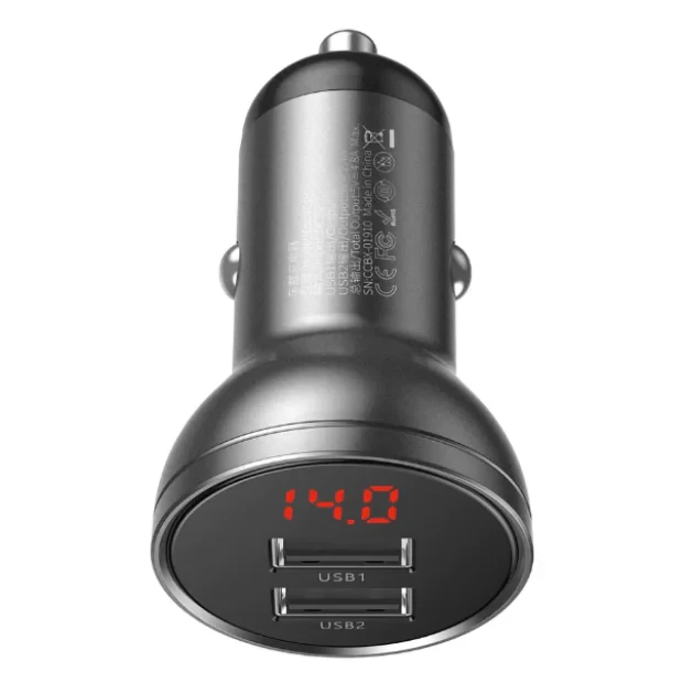 Incarcator Auto Baseus Digital Display 2 x USB total output 24W afisaj digital Gri