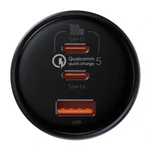 Incaractor Auto Baseus Qualcomm Quick Charge 5 1 x USB 2 x USB Type-C total output 160W include Cablu USB Type-C la USB Type-C 100W 1m Gri