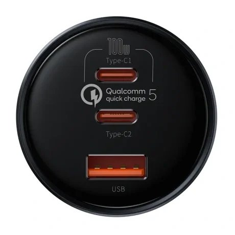 Incaractor Auto Baseus Qualcomm Quick Charge 5 1 x USB 2 x USB Type-C total output 160W include Cablu USB Type-C la USB Type-C 100W 1m Gri
