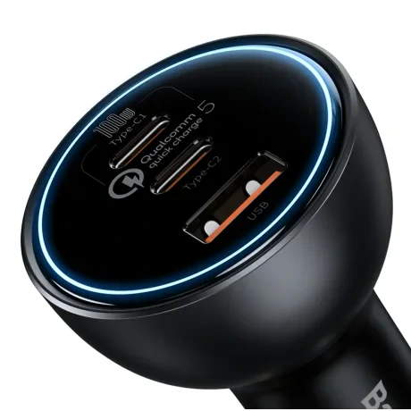 Incaractor Auto Baseus Qualcomm Quick Charge 5 1 x USB 2 x USB Type-C total output 160W include Cablu USB Type-C la USB Type-C 100W 1m Gri