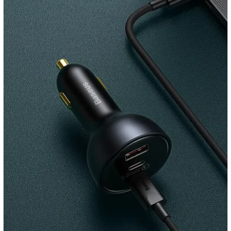 Incaractor Auto Baseus Qualcomm Quick Charge 5 1 x USB 2 x USB Type-C total output 160W include Cablu USB Type-C la USB Type-C 100W 1m Gri