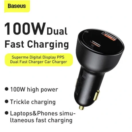 Incarcator Auto Baseus Superme Digital Display PPS Quick Charge 100W 1 x USB 1 x USB Type-C Negru