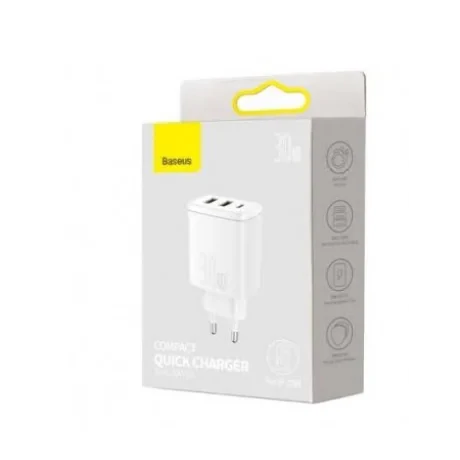 Incarcator Retea Baseus Compact Quick Charge 30W 2 x USB 1 x USB Type-C 5V/3A Alb