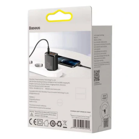 Incarcator Retea Baseus Compact Quick Charge 30W 2 x USB Type-C 1 x USB 5V/3A Negru