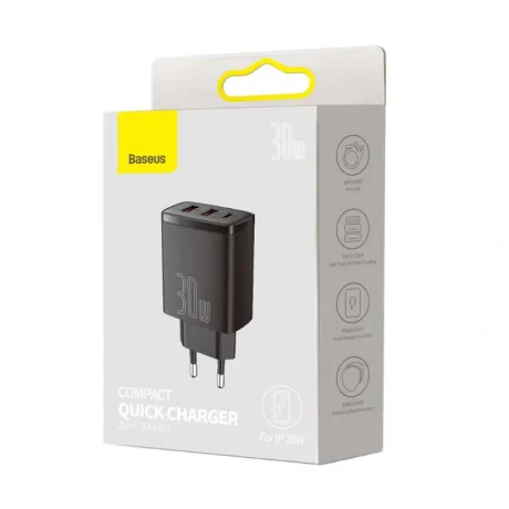 Incarcator Retea Baseus Compact Quick Charge 30W 2 x USB Type-C 1 x USB 5V/3A Negru