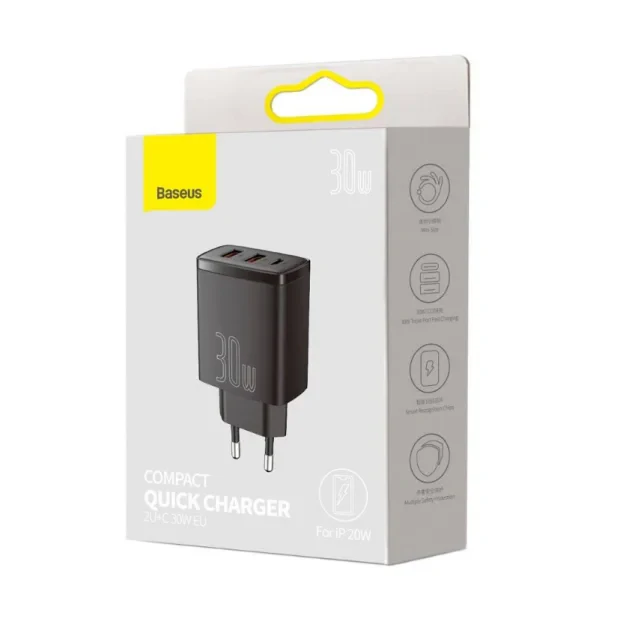 Incarcator Retea Baseus Compact Quick Charge 30W 2 x USB Type-C 1 x USB 5V/3A Negru