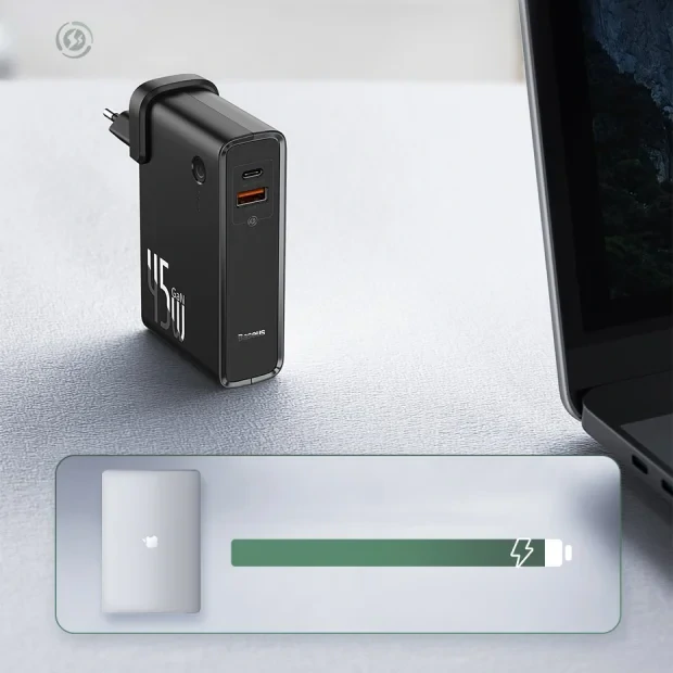 Incarcator Retea Baseus GaN Power Station 45W 1 x USB Type-C - 1 x USB 5V/3A Powerbank de 10000mAh include Cablu USB Type-c la USB Type-C 1m Negru