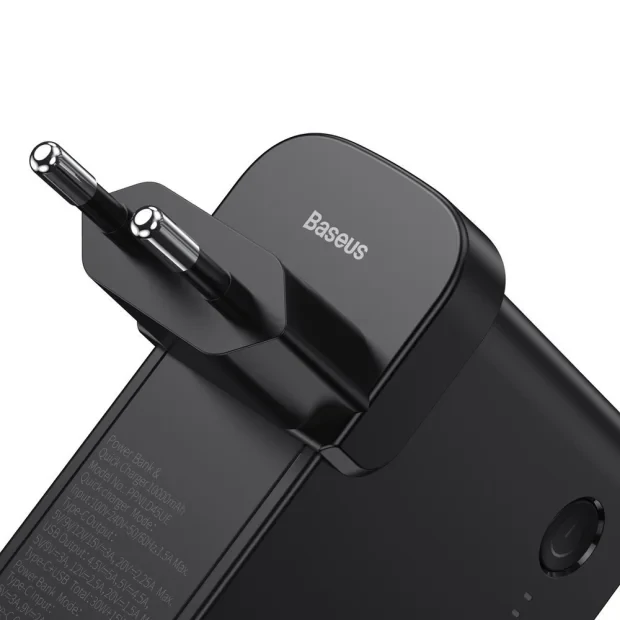 Incarcator Retea Baseus GaN Power Station 45W 1 x USB Type-C - 1 x USB 5V/3A Powerbank de 10000mAh include Cablu USB Type-c la USB Type-C 1m Negru