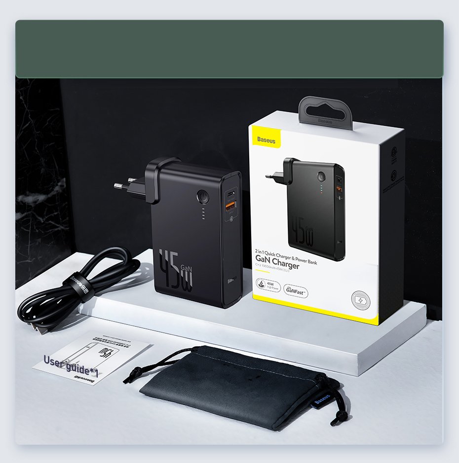 Incarcator Retea Baseus GaN Power Station 45W 1 x USB Type-C - 1 x USB 5V/3A Powerbank de 10000mAh include Cablu USB Type-c la USB Type-C 1m Negru thumb