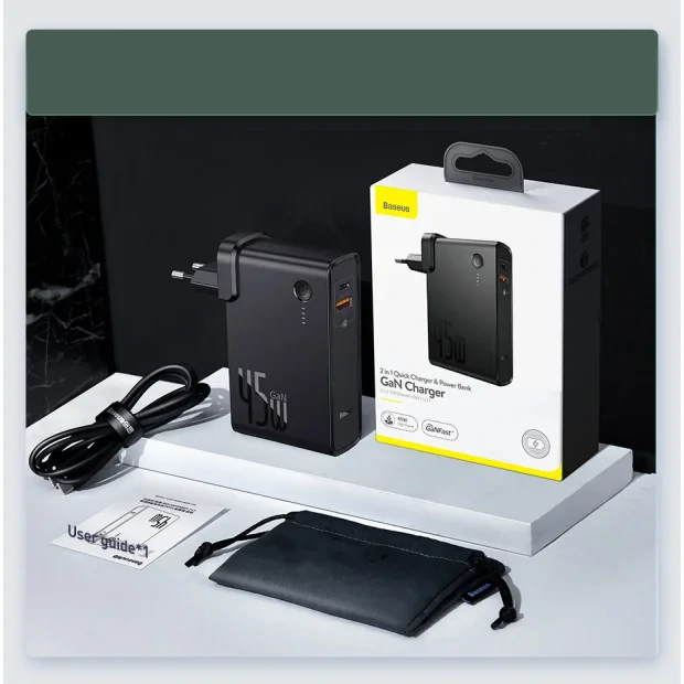 Incarcator Retea Baseus GaN Power Station 45W 1 x USB Type-C - 1 x USB 5V/3A Powerbank de 10000mAh include Cablu USB Type-c la USB Type-C 1m Negru