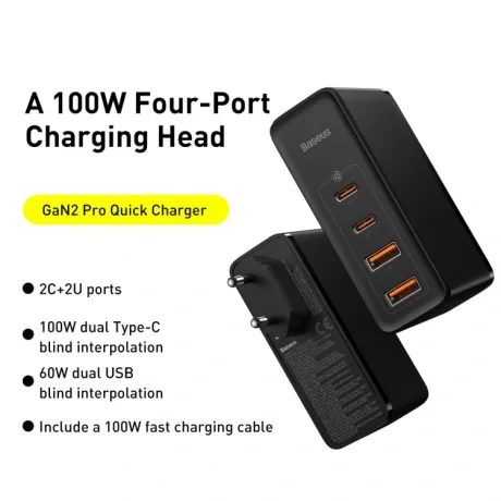 Incarcator Retea Baseus GaN2 Pro Quick Charge 3.0 100W 2 x USB Type-C 2 x USB 5V/3A Negru