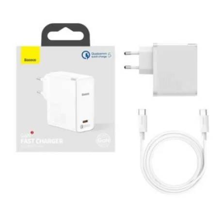 Incarcator Retea Baseus GaN2 Quick Charge 5 100W 1 x USB Type-C 5V/3A include Cablu USB Type-C la USB Type-C 1.5m Alb