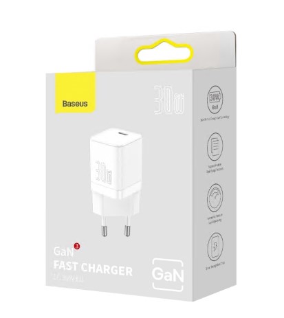 Incarcator Retea Baseus GaN3 Quick Charge 30W 1 x USB Type-C 5V/3A Alb thumb