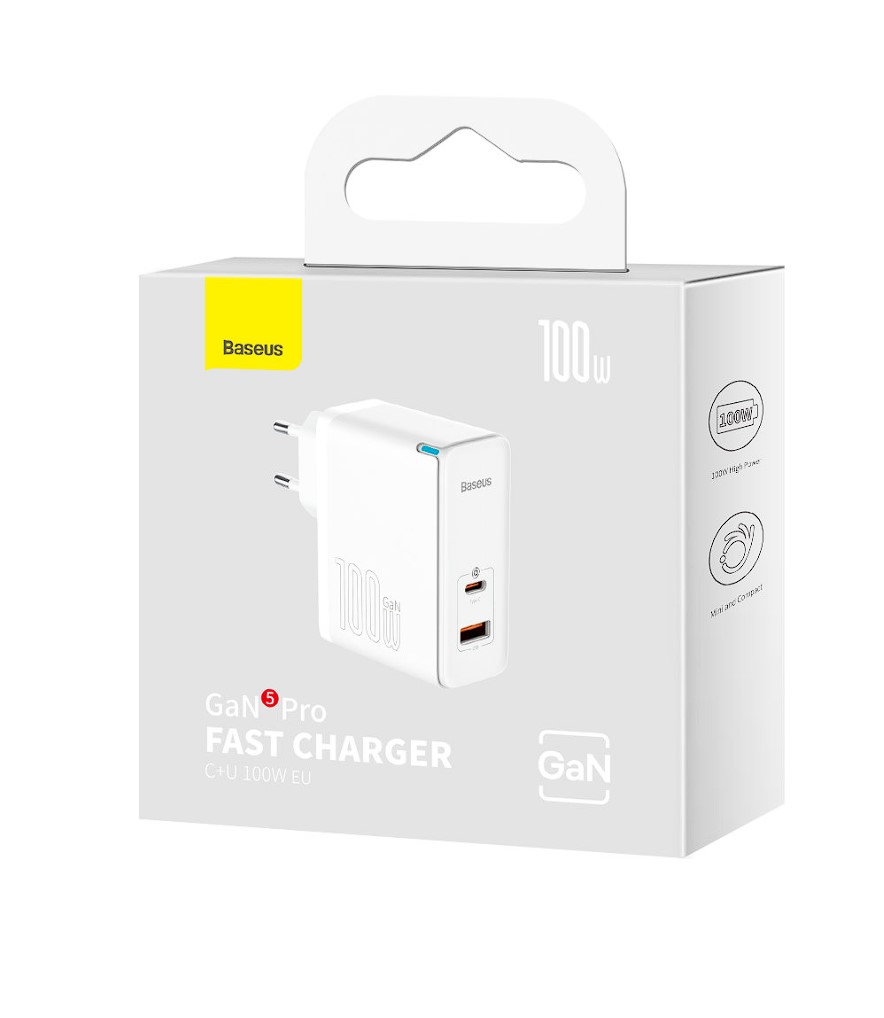 Incarcator Retea Baseus GaN5 Pro Quick Charge 100W 1 x USB 1 x USB Type-C include Cablu USB Type-C la USB Type-C 1m Alb thumb