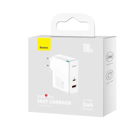 Incarcator Retea Baseus GaN5 Pro Quick Charge 100W 1 x USB 1 x USB Type-C include Cablu USB Type-C la USB Type-C 1m Alb