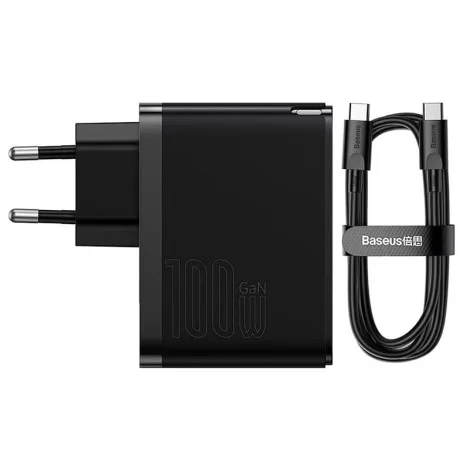 Incarcator Retea Baseus GaN5 Pro Quick Charge 100W 1 x USB 1 x USB Type-C include Cablu USB Type-C la USB Type-C 1m Negru