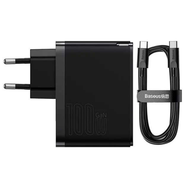 Incarcator Retea Baseus GaN5 Pro Quick Charge 100W 1 x USB 1 x USB Type-C include Cablu USB Type-C la USB Type-C 1m Negru