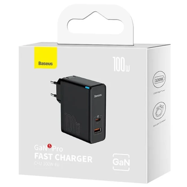 Incarcator Retea Baseus GaN5 Pro Quick Charge 100W 1 x USB 1 x USB Type-C include Cablu USB Type-C la USB Type-C 1m Negru