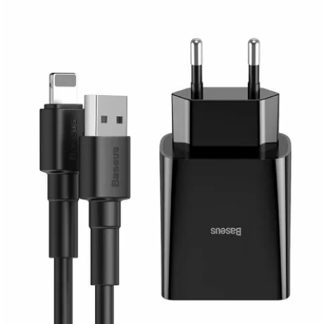 Incarcator Retea Baseus Speed Mini Dual U Travel 2 x USB 5V/2.1A include Cablu USB la Lightning Iphone 1m Negru