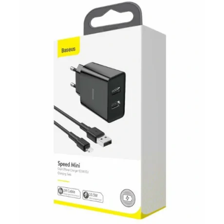 Incarcator Retea Baseus Speed Mini Dual U Travel 2 x USB 5V/2.1A include Cablu USB la Lightning Iphone 1m Negru