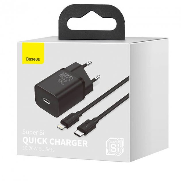 Incarcator Retea Baseus Super Si Quick Charge 20W 1 x USB Type-C 5V/3A include Cablu USB Type-C la Lightning Iphone 1m Negru thumb