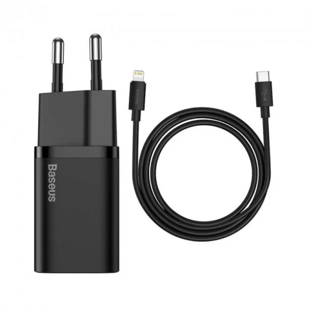 Incarcator Retea Baseus Super Si Quick Charge 20W 1 x USB Type-C 5V/3A include Cablu USB Type-C la Lightning Iphone 1m Negru