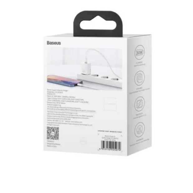 Incarcator Retea Baseus Super Si Quick Charge 30W 1 x USB Type-C si 1 x USB 5V/3A Alb