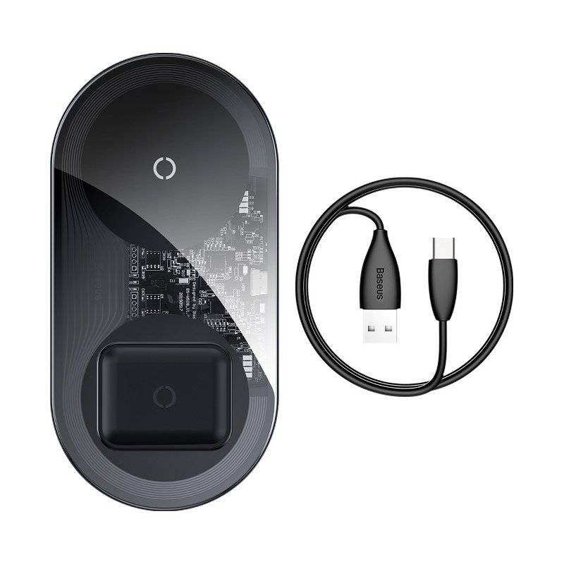 Incarcator Wireless Baseus Simple 2 in 1 Qi 18W include Cablu Type-C la USB Negru/Transparent thumb