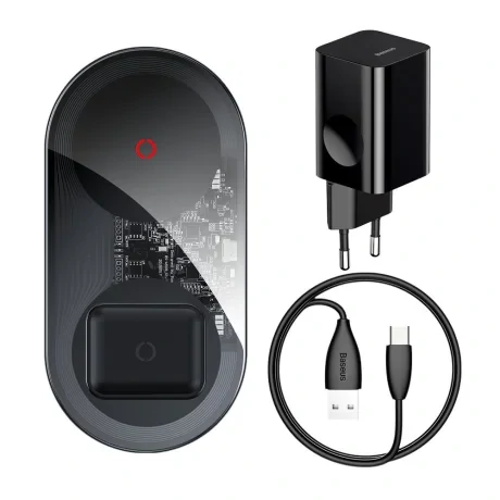 Incarcator Wireless Baseus Simple 2 in 1 Qi 24W include Cablu Type-C la USB Negru