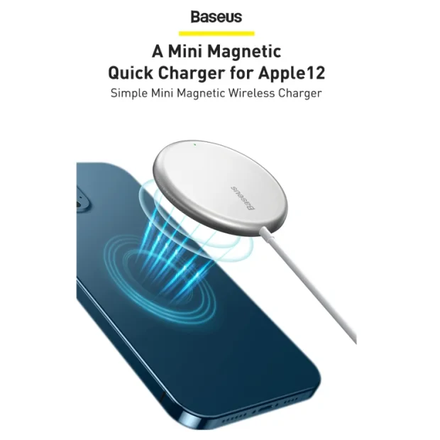 Incarcator Wireless Baseus Simple Qi 15W incarcare MagSafe iPhone 12 Mini/12/12 Pro/12 Pro Max include Cablu Type-C de 1.5m Alb