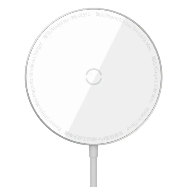 Incarcator Wireless Baseus Simple Qi 15W incarcare MagSafe iPhone 12 Mini/12/12 Pro/12 Pro Max include Cablu Type-C de 1.5m Alb