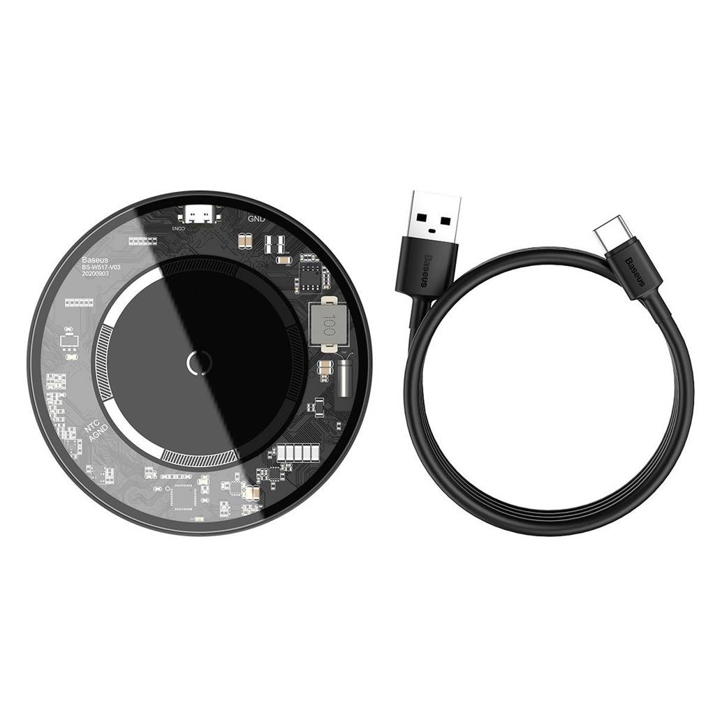 Incarcator wireless Baseus Simple Qi 15W incarcare MagSafe Iphone 12/13 include Cablu Type-C la USB Transparent/Negru thumb