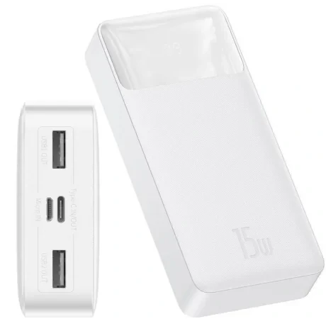Power Bank Baseus Bipow Digital Display 20000mAh PD 15W 2 x USB 1 x USB Type-C 1 x Micro USB 3A Alb