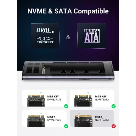 Rack extern Ugreen CM400 pentru SSD M.2 NVMe SATA cablu inclus de 50 cm USB Type-C la USB Type-C gri
