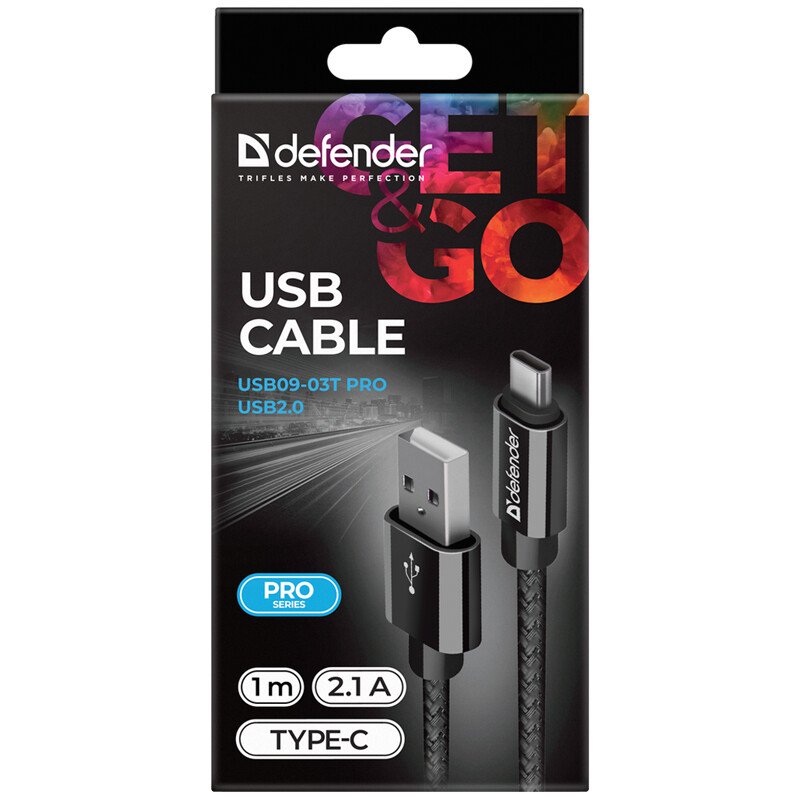 Cablu Date Type C Defender USB09-03T PRO USB2.0 2.1A 1m Negru thumb