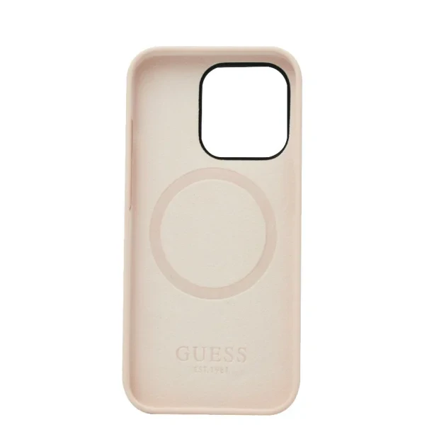 Husa Cover Guess Silicone Metal Plate Logo MagSafe pentru iPhone 14 Pro Max Roz