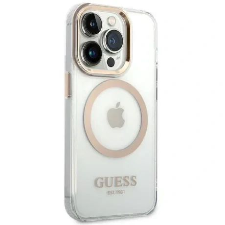 Husa Cover Guess Gold Outline MagSafe pentru iPhone 14 Pro Max Transparent