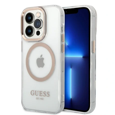 Husa Cover Guess Gold Outline MagSafe pentru iPhone 14 Pro Max Transparent