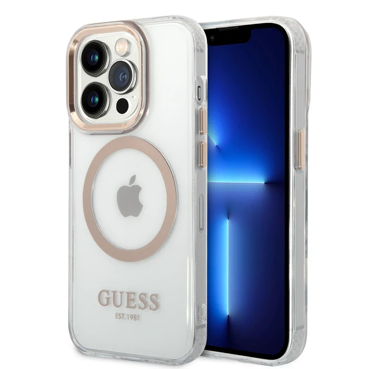 Husa Cover Guess Gold Outline MagSafe pentru iPhone 14 Transparent thumb