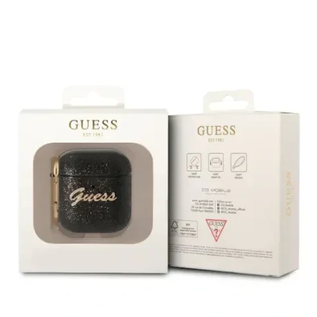 Husa Guess Glitter Flakes Metal Logo pentru Airpods 1/2 Black