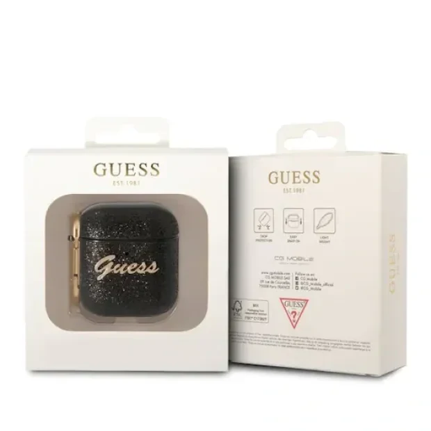 Husa Guess Glitter Flakes Metal Logo pentru Airpods 1/2 Black
