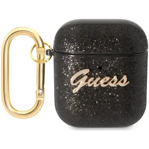 Husa Guess Glitter Flakes Metal Logo pentru Airpods 1/2 Black
